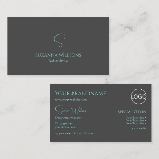 Elegant Plain Grått Teal med Monogram och Logotyp Visitkort (Fram/baksida)
