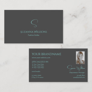 Elegant Plain Grått Teal med Monogram och Photo Visitkort