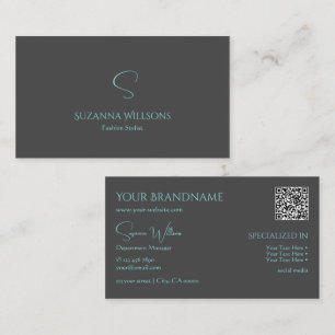 Elegant Plain Grått Teal med Monogram och QR- kod Visitkort