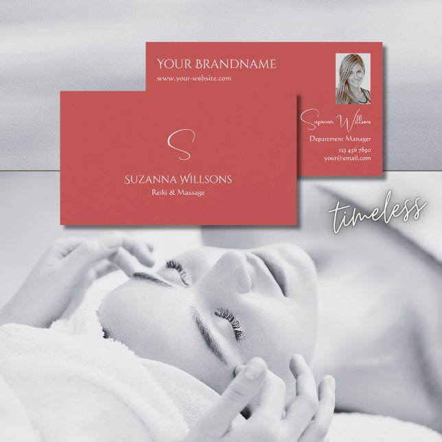 Elegant Plain Indian Red med Monogram och Photo Visitkort (Skapare uppladdad)