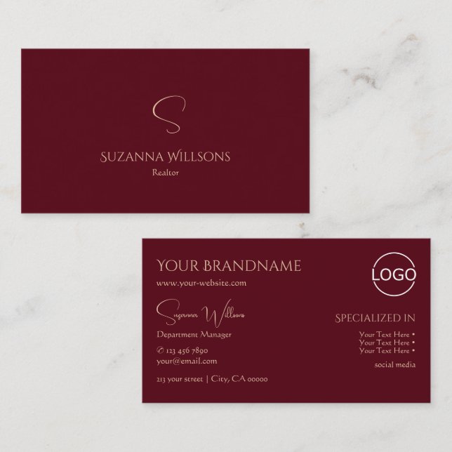 Elegant Plain Vin Red med Monogram och Logotyp Chi Visitkort (Fram/baksida)