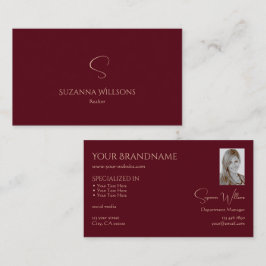 Elegant Plain Vin Red med Monogram och Photo Visitkort