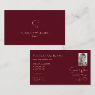 Elegant Plain Vin Red med Monogram och Photo Visitkort