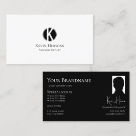 Elegant Plain White Black med Monogram och Photo Visitkort