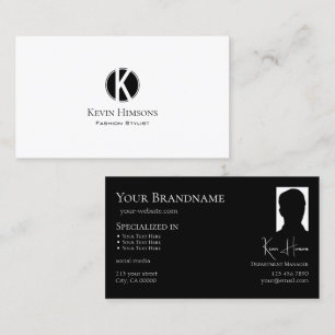 Elegant Plain White Black med Monogram och Photo Visitkort