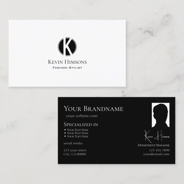 Elegant Plain White Black med Monogram och Photo Visitkort (Fram/baksida)