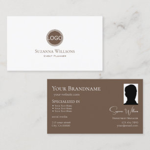 Elegant Plain White Brown med Logotyp och Photo Ch Visitkort