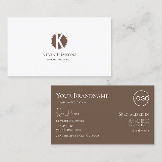 Elegant Plain White Brown med Monogram och Logotyp Visitkort (Fram/baksida)