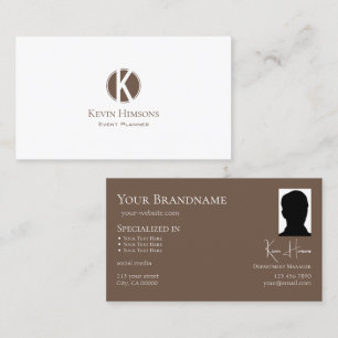 Elegant Plain White Brown med Monogram och Photo Visitkort