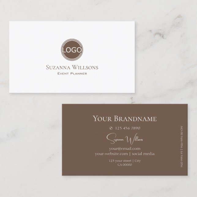 Elegant Plain White Coffee Brown med Logotyp Snygg Visitkort (Fram/baksida)