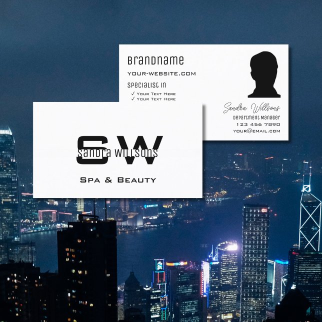 Elegant Plain White med Monogram och Photo Modern Visitkort (Skapare uppladdad)