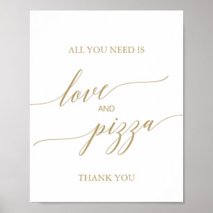 Elegant platt guld kalligrafi Kärlek och pizza sky Poster