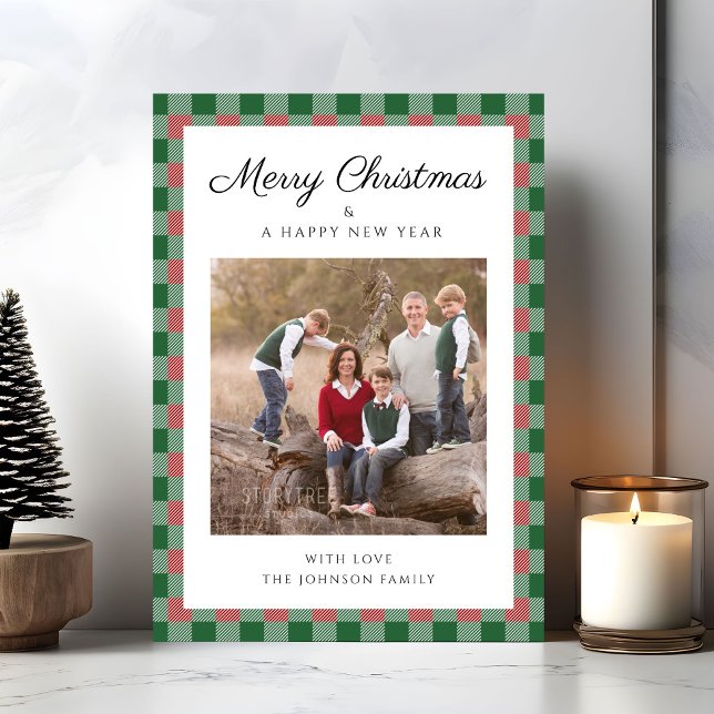 Elegant Play Photo-jul Julkort (Elegant Script Red Green Plaid Christmas Photo Holiday Card)