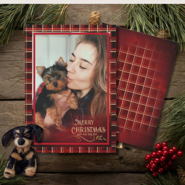 Elegant Play Photo RED GULD God jul Julkort (Elegant Plaid Photo RED GOLD Merry Christmas Holiday Card)