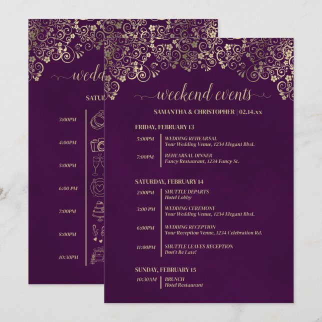 Elegant Plommon & Guld Bröllopsevenemang & Tidslin Program (Fram/baksida)