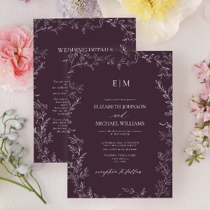 Elegant Plommon Lila Blad Monogramdetaljer Bröllop Inbjudningar