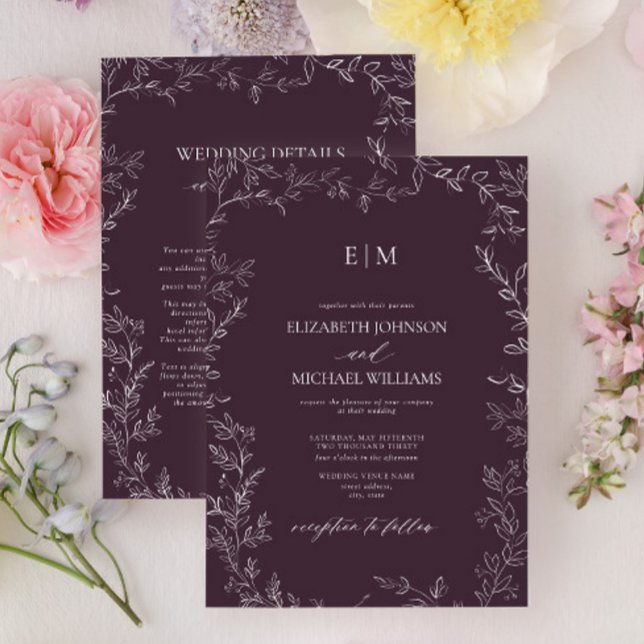 Elegant Plommon Lila Blad Monogramdetaljer Bröllop Inbjudningar (Skapare uppladdad)