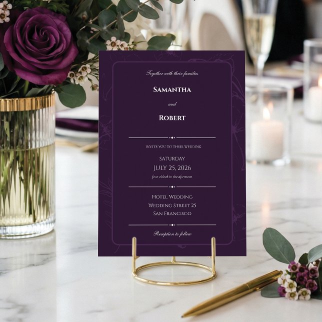 Elegant Plommon Lila Blommig Linje Konst Bröllop Inbjudningar (A touch of luxury with this deep plum invitation design. 🥂)