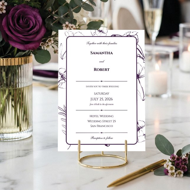 Elegant Plommon Lila Blommig Linje Konst Bröllop Inbjudningar (Minimalist purple floral wedding invite. 💜)