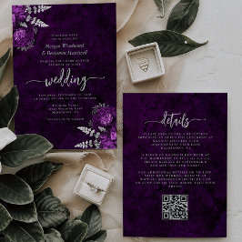 Elegant Plommon Silver Blommig QR-kod Bröllop Inbjudningar