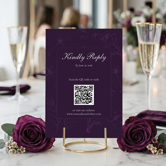 Elegant PlommonLila Blommig Linje Konst QR-kod Brö OSA Kort (Beautifully modern RSVP. Scan the QR code and say yes! 🥂)