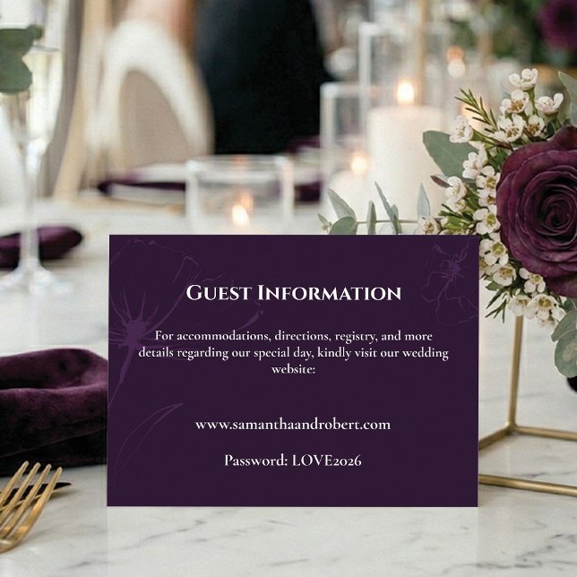 Elegant Plommonlila Blommig Linjekonst Bröllopsdet Tilläggskort (Guide guests with an elegant wedding info card. 💜)