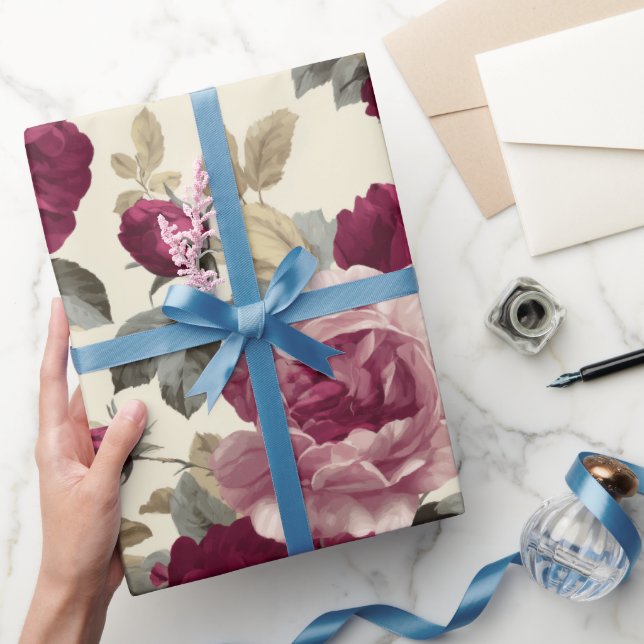 Elegant Plommonros Elfenbensblommig Mönster Presentpapper (Gifting)