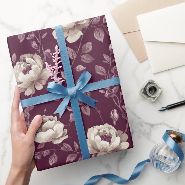 Elegant Plommonros Elfenbensblommig Mönster Presentpapper (Gifting)