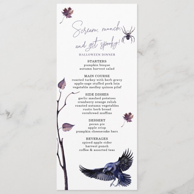 Elegant Plum & Black Crow Halloween Party Dinner Meny (Framsida)