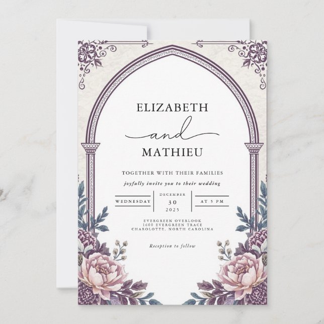 Elegant Plum Botanical Arch Blommigt Bröllop Inbjudningar (Framsida)