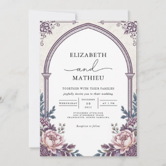 Elegant Plum Botanical Arch Blommigt Bröllop Inbjudningar