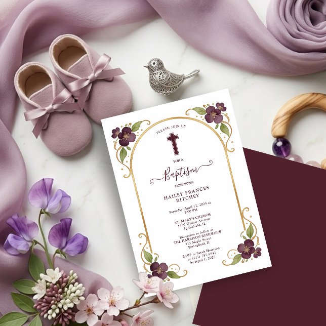 Elegant Plum Floral Gold Arch Baptism Celebration  Inbjudningar (Elegant Plum Floral Gold Arch Baptism Celebration Invitation.)