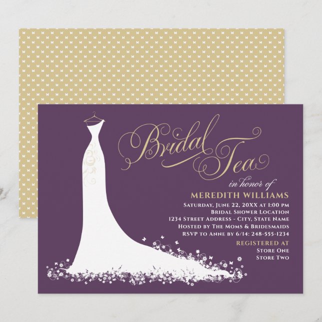 Elegant Plum Guld Bröllop Gown Möhippa Tea Shower Inbjudningar (Fram/baksida)