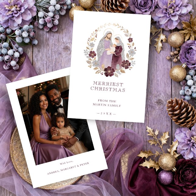 Elegant Plum Holy Nativity Family Christmas Photo  Julkort (Elegant Plum Holy Nativity Family Christmas Holidays Cards with Back Family Photo. )