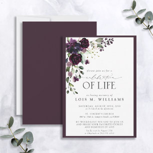 Elegant Plum Lila Blommigt Firande of Life Inbjudningar