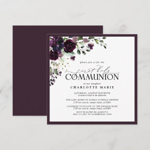 Elegant Plum Lila Blommigt First Heliga Communion Inbjudningar
