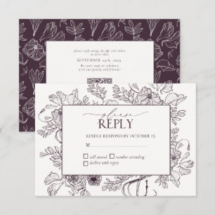 Elegant Plum Lila Blommigt Line Art Bröllop OSA Kort