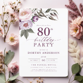 Elegant Plum Lila Blommigt Script 80:e födelsedage Inbjudningar