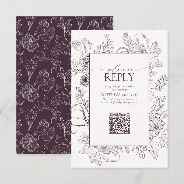 Elegant Plum Lila Bröllop QR-kod Svara OSA Kort (Fram/baksida)