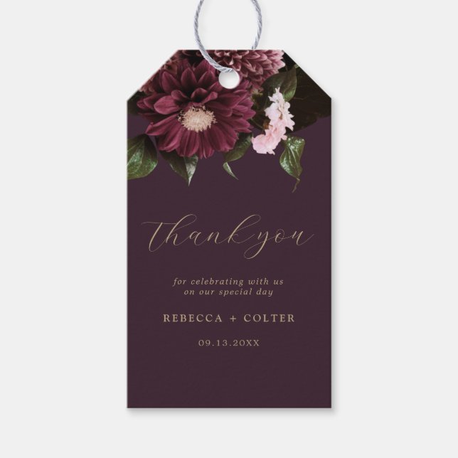 Elegant Plum Lila Burgundy Blommigt Bröllop Presentetikett (Framsidan)