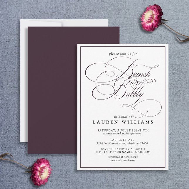 Elegant Plum Lila Calligraphy Brunch & Bubly Inbjudningar (Skapare uppladdad)