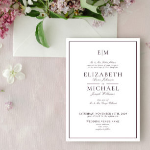 Elegant Plum Lila Classic Monogram Bröllop Inbjudningar