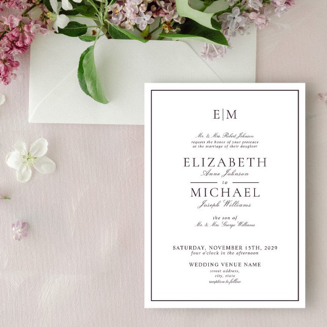 Elegant Plum Lila Classic Monogram Bröllop Inbjudningar (Skapare uppladdad)