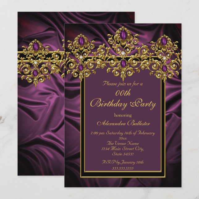 Elegant Plum Lila Födelsedagsfest Silke Gem Guld Inbjudningar (Fram/baksida)