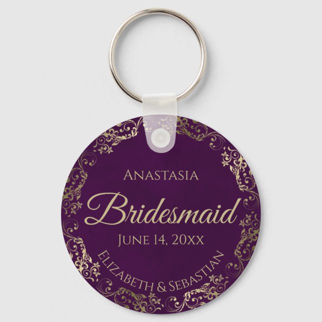 Elegant Plum Lila & Guld Bridesmaid Bröllop Gift Nyckelring (Framsida)