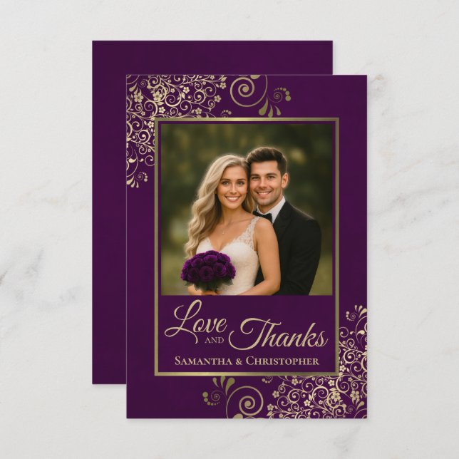Elegant Plum Lila & Guld Kärlek & Tack Bröllop (Fram/baksida)
