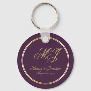 Elegant Plum Lila Guld Monogram-skript Bröllop Nyckelring