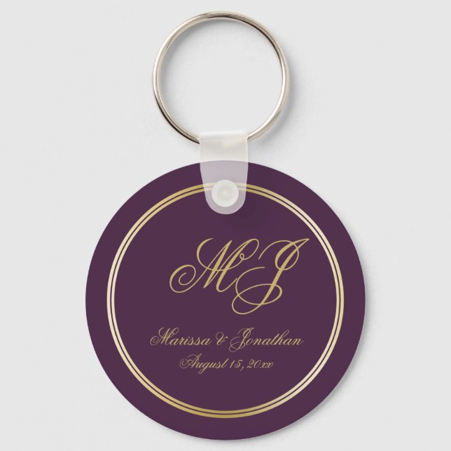 Elegant Plum Lila Guld Monogram-skript Bröllop Nyckelring (Framsida)