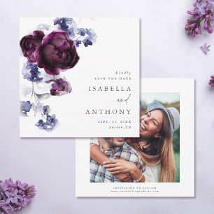 Elegant Plum Lila & Indigo Blue Blommigt Bröllop Spara Datumet