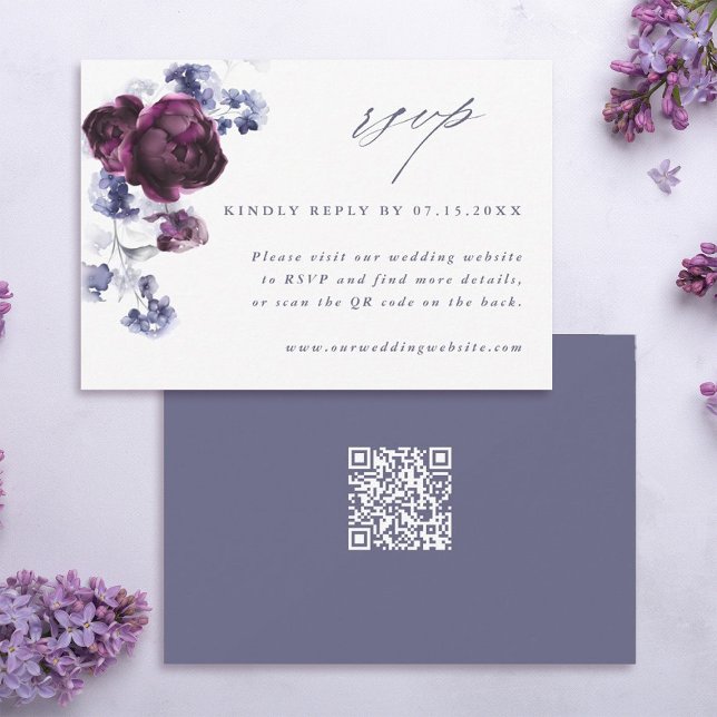 Elegant Plum Lila & Indigo Blue Blommigt QR-kod OSA Kort (Front & Back)